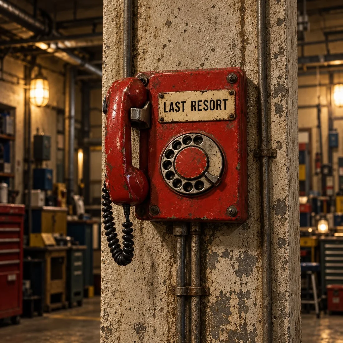 Weathered red Last Resort telephone in an old workshop